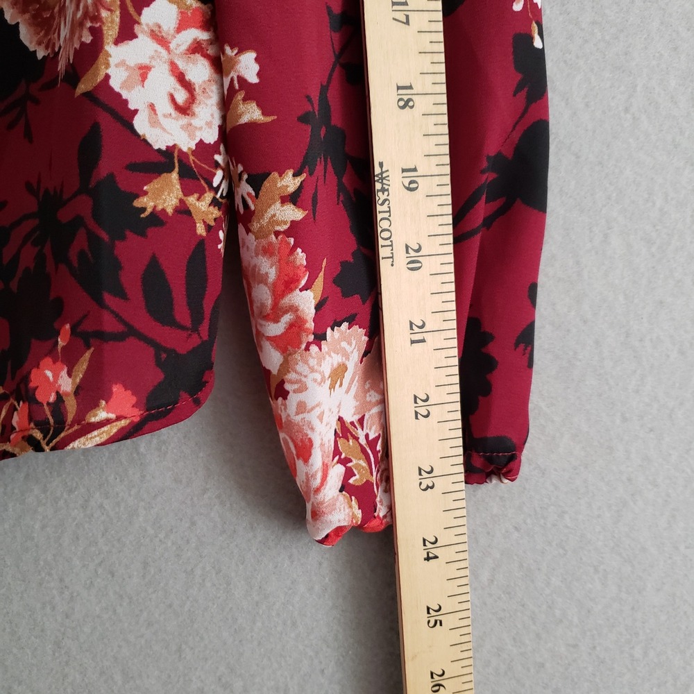 CURE. Womens M Blouse Burgundy Floral Tie Neck Long Sleeve Career Top M4-2924 - Picture 10 of 13